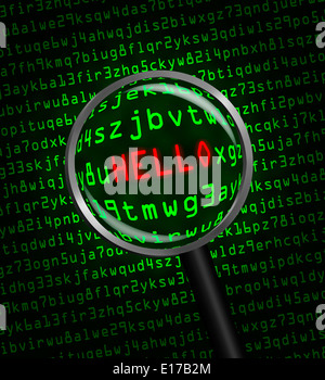 The word 'HELLO' in red revealed in green computer machine code through a magnifying glass Stock Photo