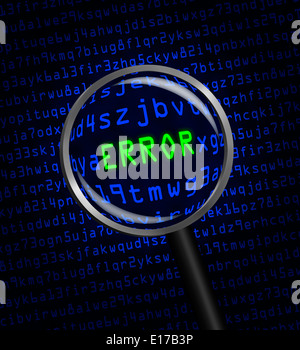 The word 'ERROR' in green revealed in blue computer machine code through a magnifying glass. Stock Photo