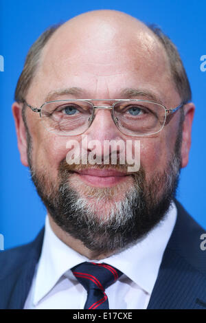 Berlin, Germany. 25th May, 2014. Incumbent President of the European Parliament (EP) and Party of European Socialists' (PES) candidate for the EP elections Martin Schulz attends a press conference after exit polls of Germany's EP election were announced at the German Social Democrat's (SPD) headquarters in Berlin, Germany, on May 25, 2014. Martin Schulz, top candidate of European socialists, showed confidence in his bid for the post of European Commission (EC) president after Germany's election to the EP ended on Sunday. Credit:  Xinhua/Alamy Live News Stock Photo