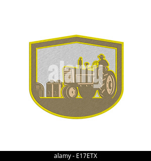 Metallic styled illlustration of a farmer worker driving a vintage ...