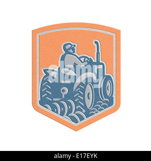 Metallic styled illustration of a farmer worker driving riding a ...