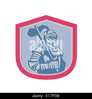 Metallic styled illustration of knight in full armor brandishing a sword set inside a shield crest done in retro style. Stock Photo