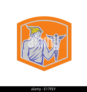Metallic styled illustration of Roman god Mercury patron god of financial gain, commerce, communication and travelers wearing winged hat and holding caduceus a herald's staff with two entwined snakes looking to side set inside crest shield done in retro s Stock Photo