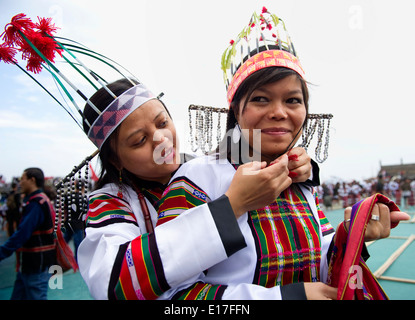 Portrait of Mizo tribe girl at the Chapchar Kut festival wearing traditional Puanchei for the bamboo dance. Mizoram India Stock Photo