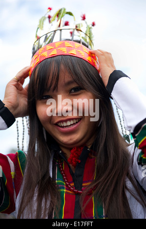 Portrait of Mizo tribe girl at the Chapchar Kut festival wearing traditional Puanchei for the bamboo dance. Mizoram India Stock Photo