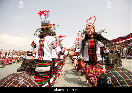 Portrait of Mizo tribe people at the Chapchar Kut festival wearing traditional costume for the bamboo dance. Mizoram India Stock Photo