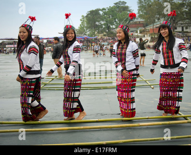 Portrait of Mizo tribe people at the Chapchar Kut festival wearing traditional costume for the bamboo dance. Mizoram India Stock Photo