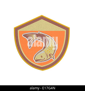 Metallic styled illustration of a trout fish swimming down set inside shield done in retro style Stock Photo