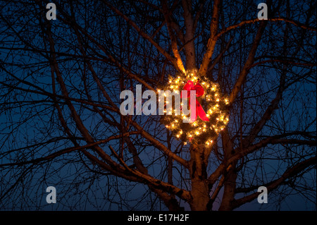 Lit Christmas wreath with red bow hanging in tree during the Holiday season Stock Photo