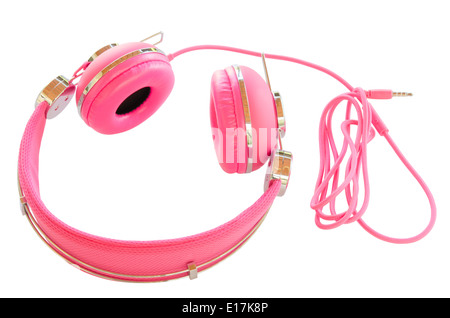 Vivid pink colorful wired headphones isolated on white Stock Photo