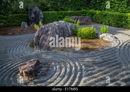 Taizoin modern pond garden Yoko-en was designed by Kinsaku Nakane. Yoko-en is the heaven and hell garden made up of raked sand. Stock Photo