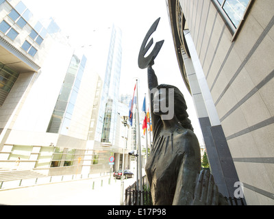 Statue of the goddess Europa with Euro currency symbol in front of the European Parliament in Brussels Belgium Stock Photo
