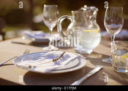 Lavender sprig on plate on sunny patio table Stock Photo