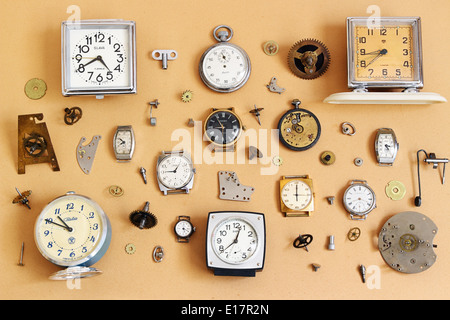 Retro alarm clocks, watches and parts for mechanical watches Stock Photo