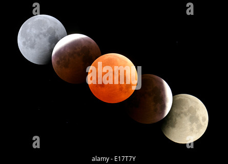 Composite image digitally created in Photoshop of images taken during October 27, 2004 total lunar eclipse, from Alberta Canada. Stock Photo
