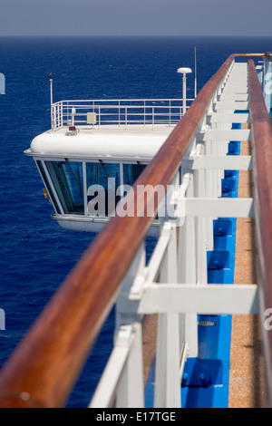 Railing and pilot perch on Emerald Princess at sea in the Atlantic Ocean, Princess Cruise Lines Stock Photo