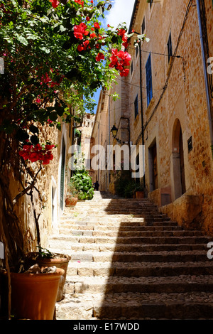 Steps in the mountain village of Fornalutx, in the Serra de Tramuntana on the island of Majorca Stock Photo