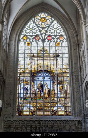 Stained glass window inside Cathedral of Saint Michael and Saint Gudula, Brussels. Stock Photo