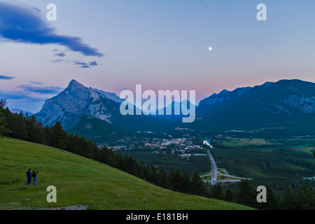 Gibbous Moon over Banff townsite, Banff National Park, Alberta, Canada. Taken July 29, 2012 with Canon 7D and 10-22mm lens at IS Stock Photo