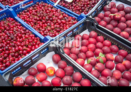 Nectarines and cherries on a street market stall Stock Photo