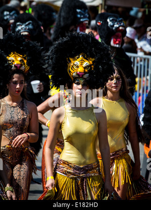 Barranquilla, Colombia - March 1, 2014 - Performers in elaborate costume sing, dance, and stroll their way down the streets of Barranquilla during the Battalla de Flores. The Pinnacle of the Carnival de Barranquilla parades. Stock Photo