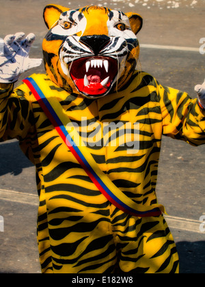 Barranquilla, Colombia - March 1, 2014 - Performers in elaborate costume sing, dance, and stroll their way down the streets of Barranquilla during the Battalla de Flores during Carnival Stock Photo