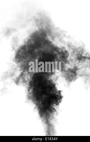 Black steam looking like smoke isolated on white background. Big cloud of black smoke. Stock Photo