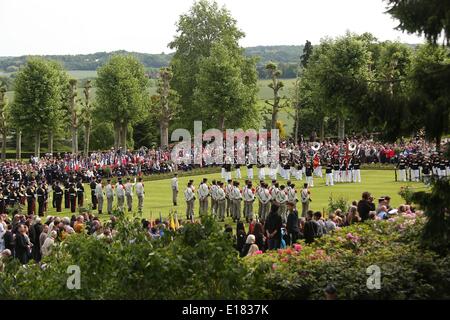 French and American Marines and dignitaries participate in a ceremony to mark the 96th anniversary of the historic Battle of Belleau Wood and Memorial Day at Aisne-Marne American Cemetery May 24, 2014 in Belleau, France. Stock Photo