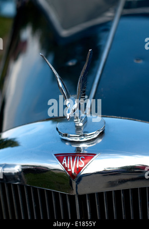 an ovehead shot of a bird emblem on the bonnet of a vintage alvis e1855y