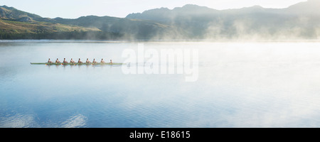 Rowing team rowing scull on lake Stock Photo