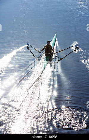 Man rowing scull on lake Stock Photo