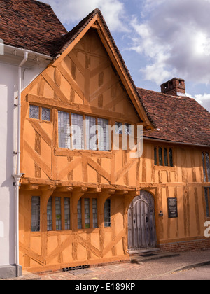 Old Medieval half timbered oak post and beam house of Little Hall, Lavenham, Suffolk, England, UK Stock Photo