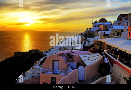 Sunset in Santorini of restaurant in Oia in Greece Greek Islands on ...