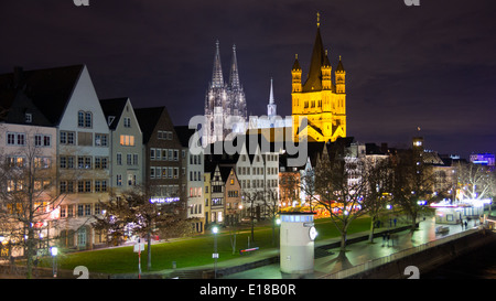 Riverside view of the church of Great St. Martin and Cologne Cathedral , Germany Stock Photo