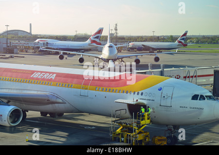 Iberia Airbus A340-33 at gate, Heathrow Airport, London Borough of Hounslow, Greater London, England, United Kingdom Stock Photo