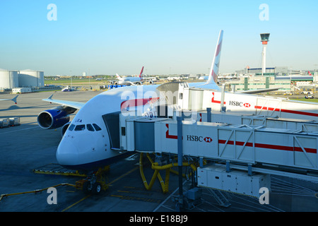 British Airways Airbus A380 aircraft at gate, Heathrow Airport, London Borough of Hounslow,  Greater London, England, United Kingdom Stock Photo