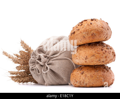 Meal sack, bread rolls and ears bunch still life isolated on white background cutout Stock Photo