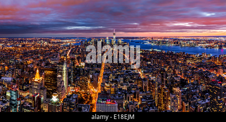 Aerial panorama of New York city at dusk