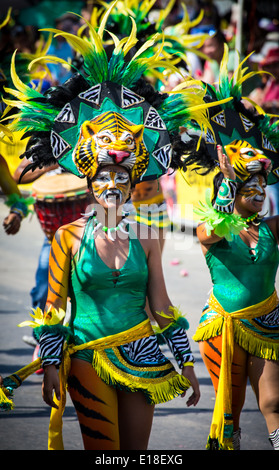 Barranquilla, Colombia - March 1, 2014 - Performers in elaborate costume sing, dance, and stroll their way down the streets of Barranquilla during the Battalla de Flores. The Pinnacle of the Carnival de Barranquilla parades. Stock Photo