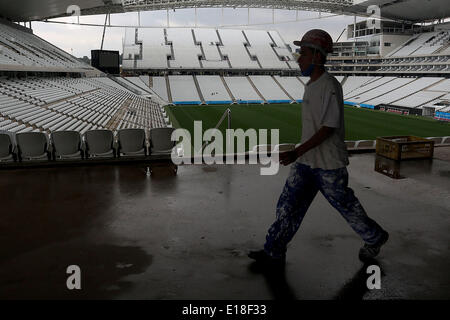 Sao Paulo, Brazil. 26th May, 2014. A worker walks inside the Sao Paulo Arena, in Sao Paulo city, Brazil, on May 26, 2014. The stadium also known as Corinthians Arena, will be the seat of the opening match of theBrazil 2014 FIFA World Cup on June 12. © Rahel Patrasso/Xinhua/Alamy Live News Stock Photo