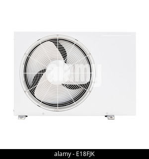 Closeup photo of white outer air conditioner device isolated on white Stock Photo