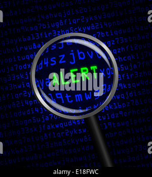 The word 'ALERT' in green revealed in blue computer machine code through a magnifying glass Stock Photo