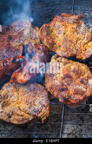 Barbecue in the garden. Process of cooking meat on grill Stock Photo ...