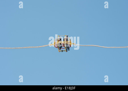 Two Women on a Reverse bungee launch fairground ride Stock Photo
