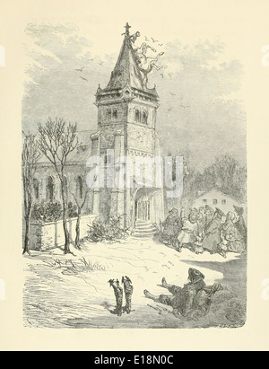 Chapter 1 the  Baron tethered his horse to a twig during a snowstorm and when the snow thaws discovers it was a church steeple. Paul Gustave Doré (1832-1883) illustration from ‘The Adventures of Baron Munchausen’ by Rudoph Raspe published in 1862. Steeple Stock Photo