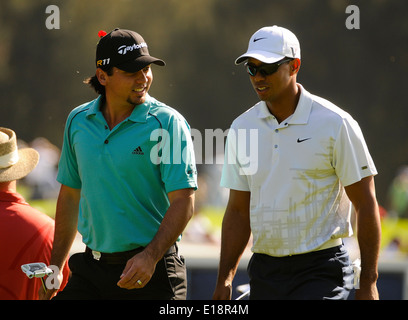 Sydney - November 11, 2011. Jason Day and Tiger Woods during the second round in the Australian Open at The Lakes golf course. Stock Photo