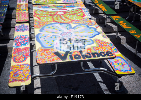 School lunchroom tables decorated with art representing various social issues are seen in Union Square Park in New York Stock Photo