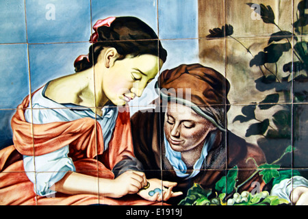 Tile Mural of two ladies in the Manolo Safont Tile Museum in Onda Stock Photo