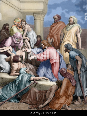 New Testament. Jesus healing the sick. Gospel of Matthew, Chapter IV, Verses 23-25. Drawing by Gustave Dore. Engraving. Colored. Stock Photo