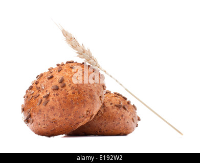 hamburger bun or roll and wheat ear isolated on white background cutout Stock Photo